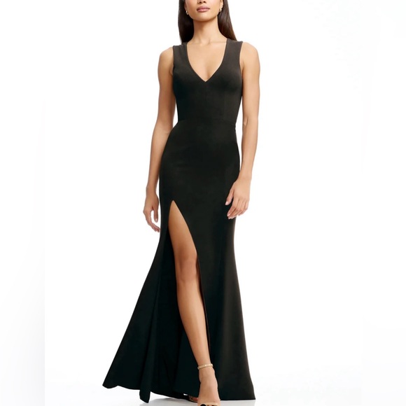 Dress The Population Black V-Neck Evening Gown NWT Small Formal Slit